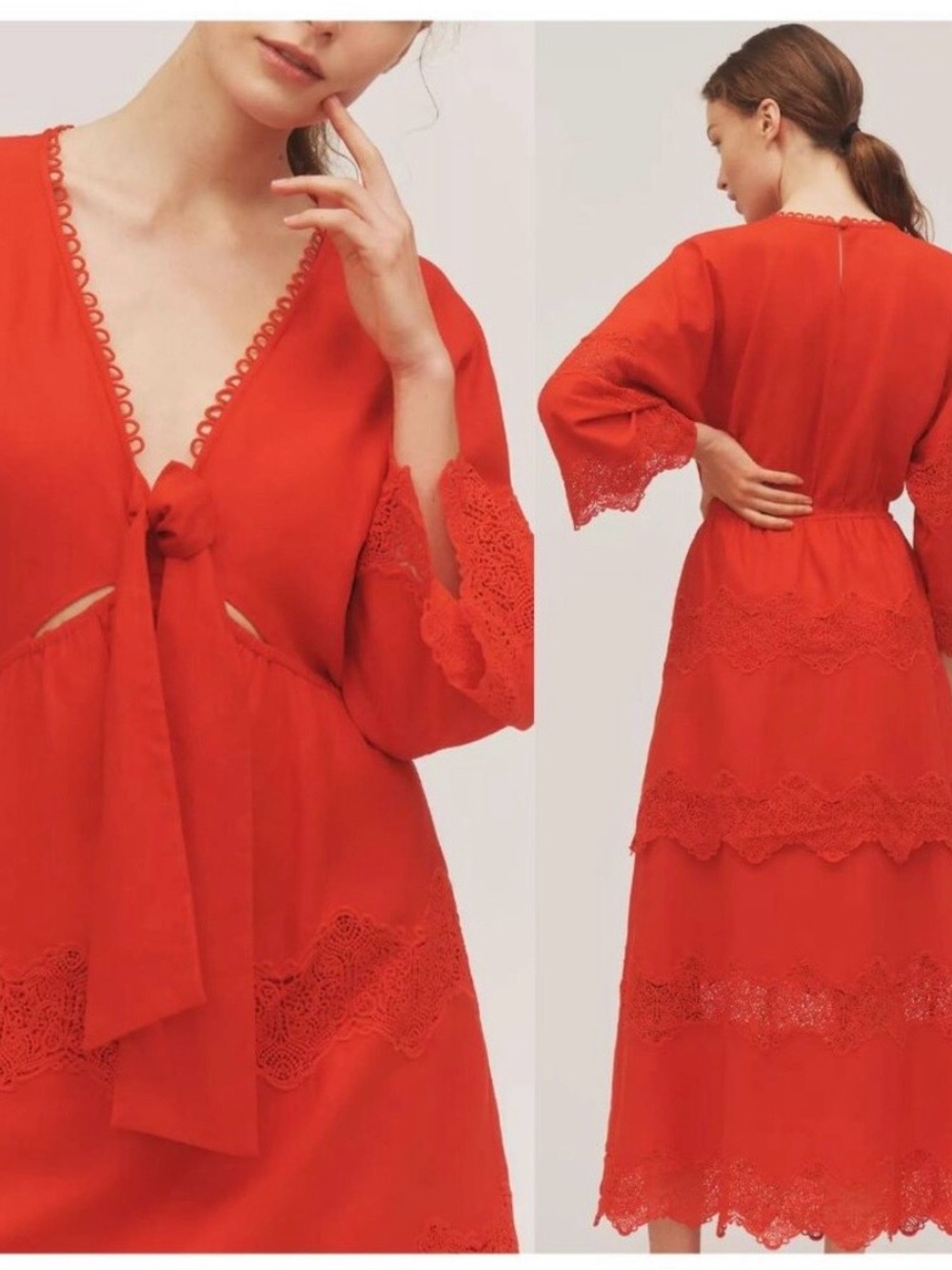 Farm Rio X Anthropologie V-neck Tie-front Midi Dress Red Maxi Linen size XS bnwt